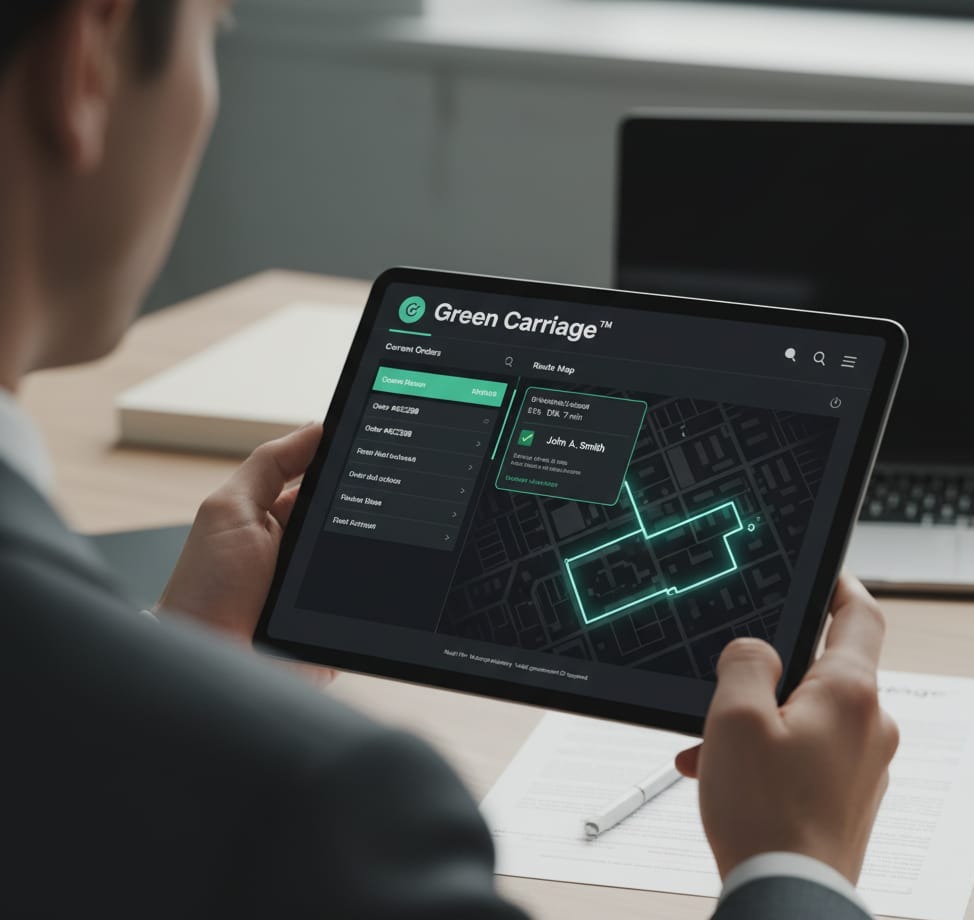 Green Carriage cannabis delivery tracking dashboard showing real-time GPS map and analytics for AGCO-compliant deliveries
